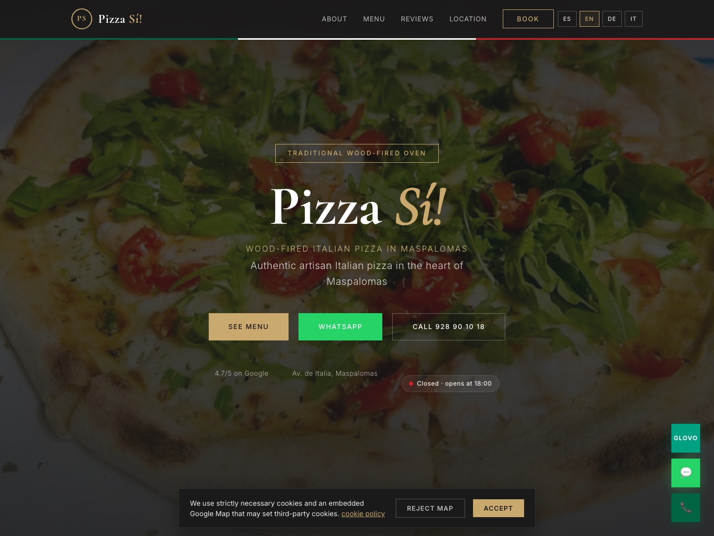 Captura real de la web de Pizza Si Maspalomas